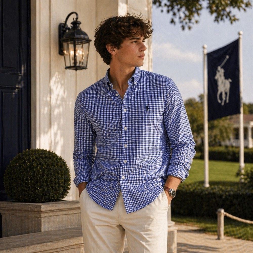RALPH LAUREN Boys Shirt XL 18-20 Long Sleeve Multicolor Plaid Blue Check Cotton‎